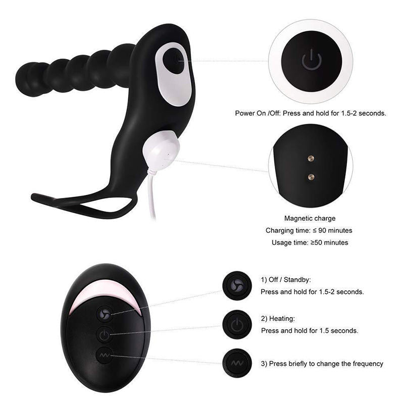 Electric Silicone Heating Vibrating Anal Beads Butt Plug with Cock Ring Graduated Design Anal Toy Waterproof Bullet Vibrator