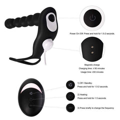 Electric Silicone Heating Vibrating Anal Beads Butt Plug with Cock Ring Graduated Design Anal Toy Waterproof Bullet Vibrator